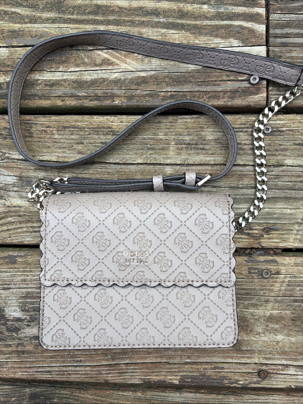 GUESS Taupe Scalloped Logo Crossbody Bag with Chain Strap
